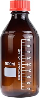 4 Pieces Amber Glass 1000 mL Graduated Round Lab Reagent Media/Storage Bottle With GL45 Red Screw Cap