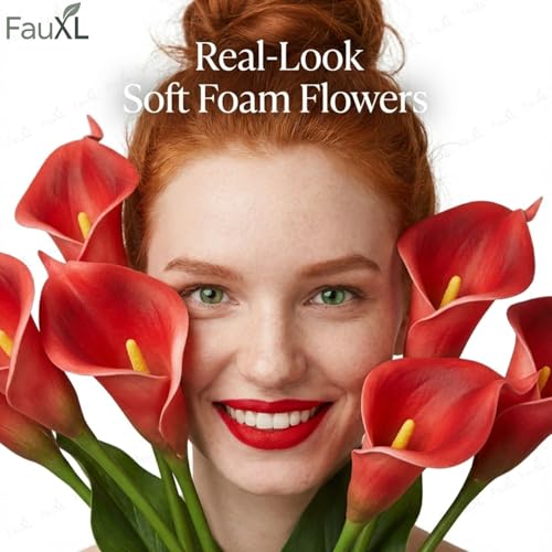 Image of 10 Pcs Artificial Calla Lily Flowers Bunch for Vase and Flower Pots- Premium Real-Look Faux Lily Stems for Home Decor, Living Room, Bedroom, Office Decoration (Vase not Included) (Red)