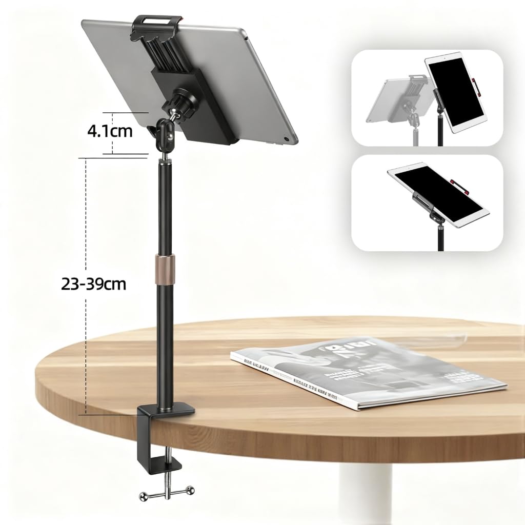 Supporto per telefono con clip per tablet, resistente morsetto per tablet da 4,5-11 pollici, con regolazione multiangolo a 360 rotazioni