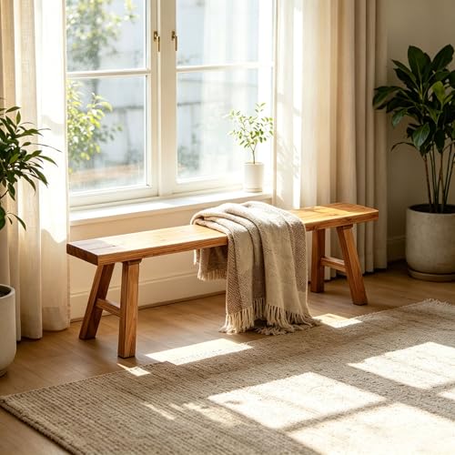 Farmhouse Indoor Wooden Living Room Dining Benchs Narrow Noodle Bench For Entryway 2 Thick Tabletop Skinny Bench For End Of Bed Solid Wood Shoe Benchs Easy To Assemble Sturdy For Kitchen(55.1)