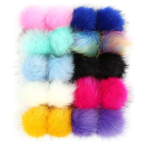 20 Pcs Colorful Faux Fur Pom Poms Balls , 4 Inch Fluffy Fur Pompoms with Elastic Loop for Knitted Hat Gloves Bags Keychains Accessories (10 Bright Colors, 2 Pcs Per Color)