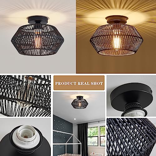 Buxvrcs Rattan Ceiling Light Fixtures, Boho Flush Mount Ceiling Light, Hand-Woven Cage Shade Mini Chandelier For Bedroom Hallway Kitchen Entryway Farmhouse E26 Base (Black) #TOP4