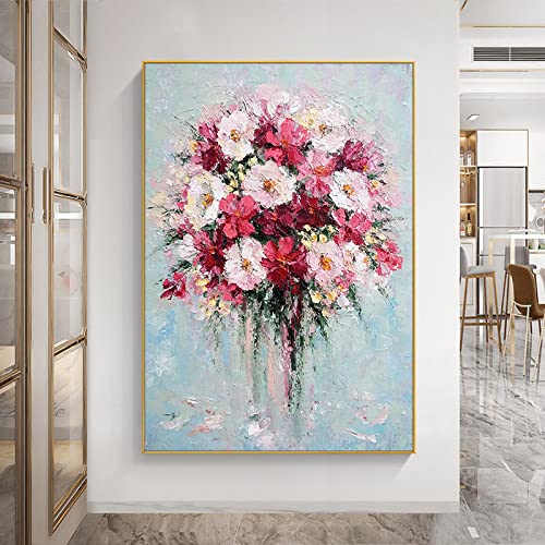 Peinture pivoine rose sur toile grand format vertical ou horizontal avec vase