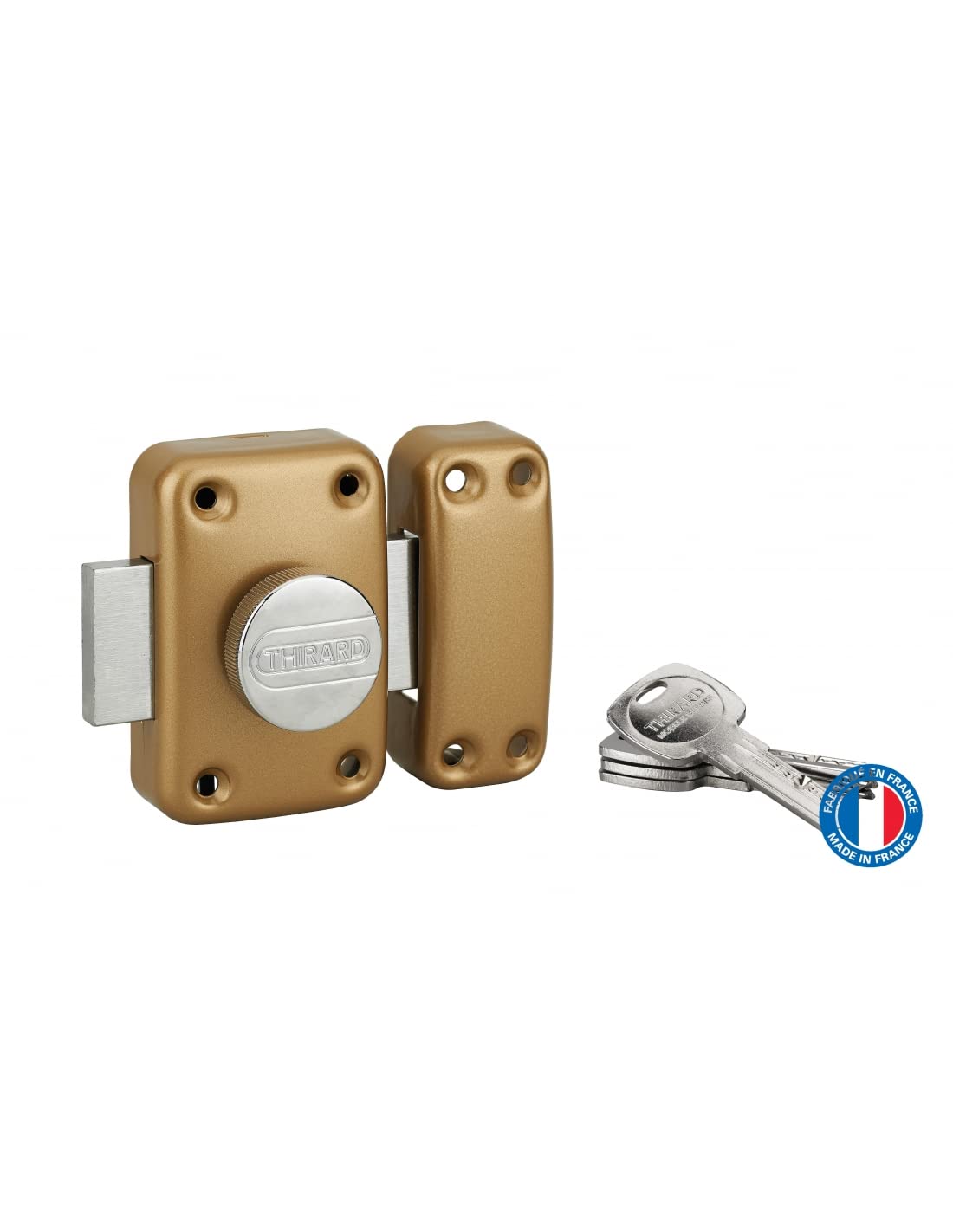 THIRARD Verrou à Bouton et Cylindre Acier Cylindre 45 mm Verni | verrou à bouton et cylindre, cylindre 45 mm, acier, finition verni, 4 clés, porte d'entrée, fabrication française, doré