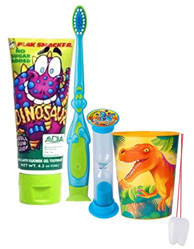"Prehistoric Dino Adventure" Inspired 4pc. Bright Smile Oral Hygiene Set! T-Rex Toothbrush, Dinosaur Toothpaste, Brushing Timer & Mouthwash Rise Cup! Bonus "Remember To Brush" Visual Aid!