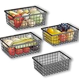 Wisdom Star 4 Pack Large Wire Storage Baskets for Pantry Organization and Storage Bins Cabinets, Metal Fruit Baskets Bins for Freezer Organizer, for Kitchen, Fridge, Drawer, Bathroom Organizer, Black