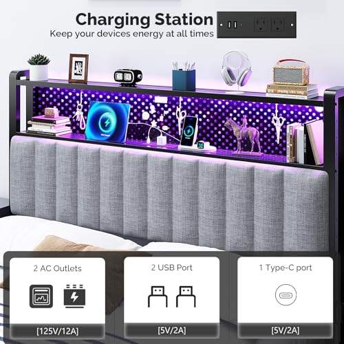 Image of VINGLI King Size Headboard Only, Adjustable Upholstered Headboard with 2 Tier Shelves and Pegboard with Charging Stations and LED Lights, Modern Bed Headboard with Storage for Bedroom Decor