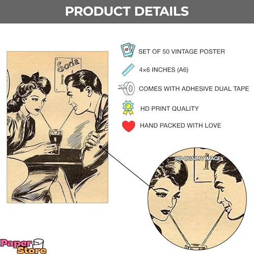 Image of Paper9store Pack Of 50 Aesthetic Wall Collage Kit - 4?6 Inches Self Adhesive Wall Posters For Bedroom, Living Room, Office A6 Size (Vintage)