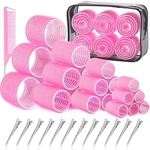 IKOCO Hair Rollers Set, 4 Sizes with 12 Clips and Comb – Self Grip Curlers for Long/Short Hair, Thermal Safe Rollers for Salon-Worthy Styling Pink