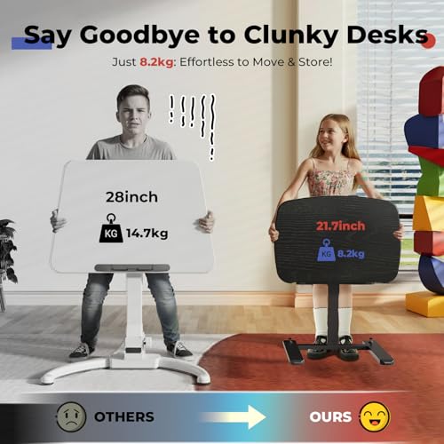 Image of JOY worker Low Height Small Mobile Standing Desk for Couch, Height Adjustable TV Tray Table with 90 Foldable MDF Desktop, Portable Laptop Desk with Low Base & Lockable Hidden Casters, Black