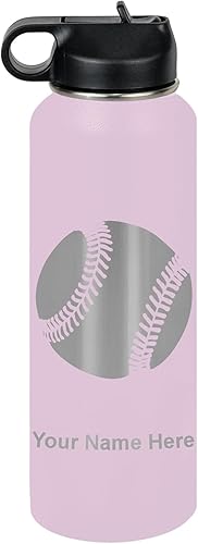 Vista 328 de LaserGram Botella de agua personalizada, pelota de béisbol, acero inoxidable de doble pared aislada al vacío con popote superior, regalo grabado