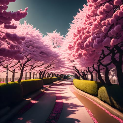 Toile ruelle cerisiers japonais poster 58x90cm mur blanc triste