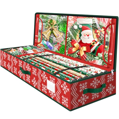 Wrapping Paper Organizer Storage, Christmas Wrapping Paper Storage with Flexible Partition & Pockets for Christmas Decorations, Ribbon, Underbed Gift Wrap Organizer for Holiday(Wave and Snowflake/Red)