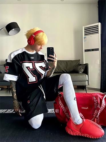 Image of THALASI Men Cotton Jersey Aesthetic Oversized T shirts for Men | Sports Jerseys T-shirts & Half Sleeve Round Neck Printed Tshirt for Mens - Down Shoulder Loose & Baggy Fit Korean T shirt for Man & Boy