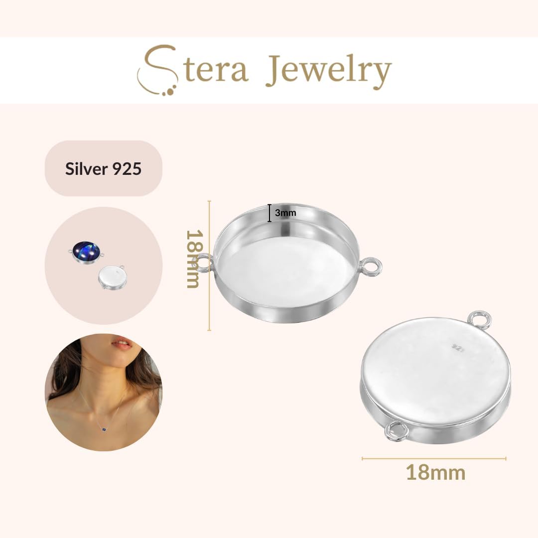 925 Sterling Silver 18mm Round Setting with 2 Loops Connector Bezel Blank Cup Findings for Pendants Charms Earrings Bracelets, 2 Pcs