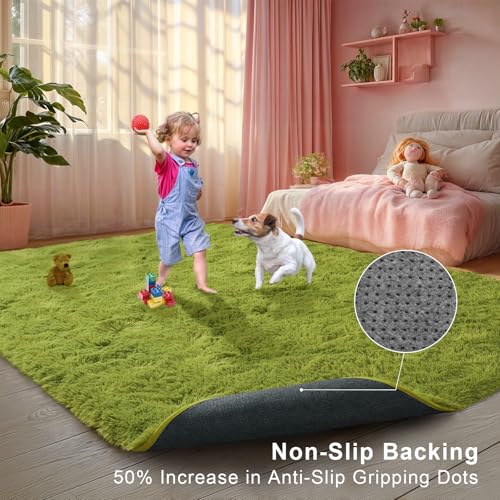 Green Grass Area Rugs for Bedroom Living Room, 8x10 Fluffy Fuzzy Shaggy Carpet for Kids Playroom Nursery Room, Thick Soft Plush Mat for Kids Baby Boys Teen Dorm Home Decor Aesthetic