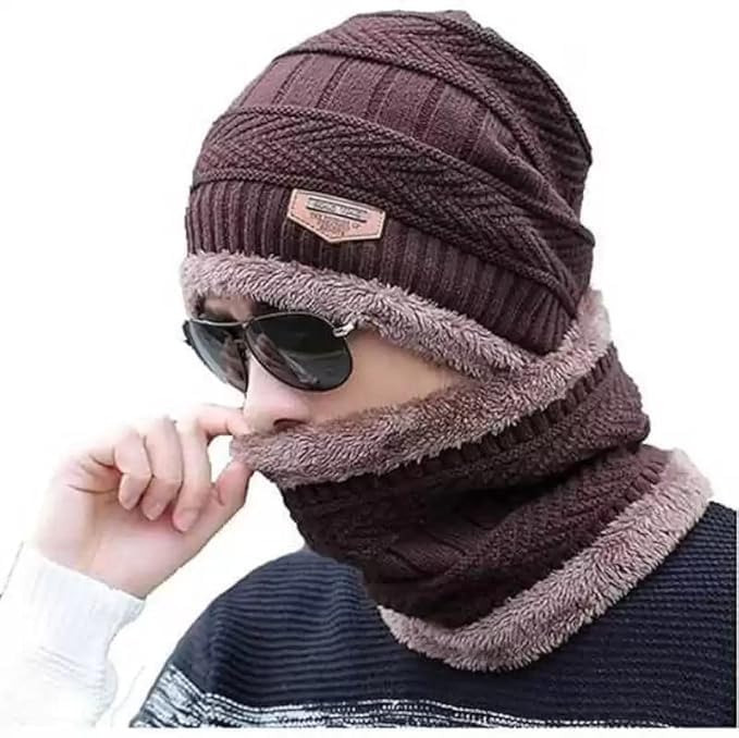 Woolen Hat Cap,Woolen Neck Warmer Scarf Men & Women Winter Woolen Cap Hat Woolen Neck Warmer Scarf Set for Men & Women Velvet Neck Scarf Free Size Brown