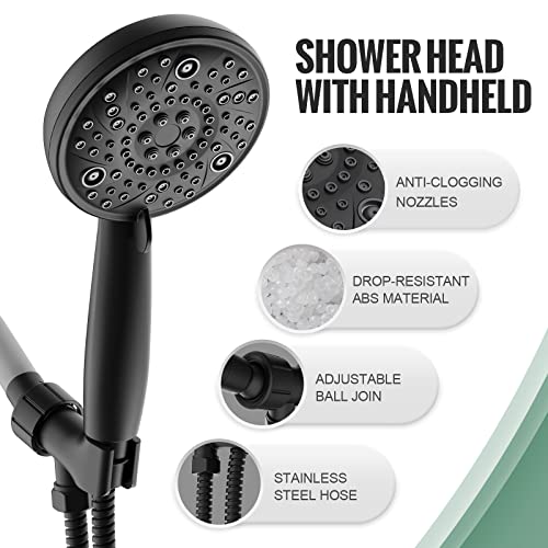 Shower Head With Handheld, 8-Spray Settings Shower Heads High Pressure, Handheld Shower Heads With 71" Stainless Steel Hose & Holder, Matte Black #TOP4