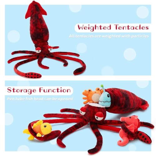 Image of Giant Squid Stuffed Animal with 4 Sea Animal Plush, Red, 41.3 inch