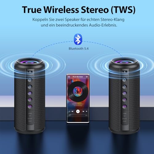 Bluetooth Lautsprecher, 2026 Musikbox Bluetooth 5.4 mit RGB Lichter, Tragbarer Lautsprecher Freisprechfunktion für Phone, 30h Akku, IP7 wasserdicht Fantastischer Sound Geeignet Outdoor/Garten/Sport