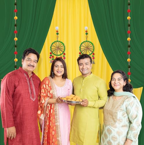 Image of Party Propz Green and Yellow Backdrop Decorations with Pom Pom Hangings - 12Pcs Mehendi Decoration Setup for Home, Haldi Decoration Items for Home, Backdrop Cloth for Decorations Pooja(12Pcs)(Satin)