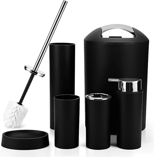 Otostar Juego de accesorios de baño de plástico de 6 piezas, juego de accesorios de baño negros con dispensador de jabón, soporte para cepillos de
