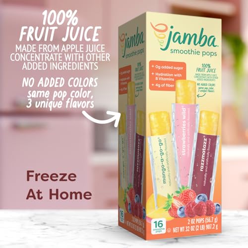 Image of Jamba Smoothie Pops Variety Pack, 16 Count - 100% Fruit Juice Freezer Pops, No Added Sugar, or Colors, 4g Fiber per Serving - Mango-a-go-go, Razzmatazz & Strawberries Wild