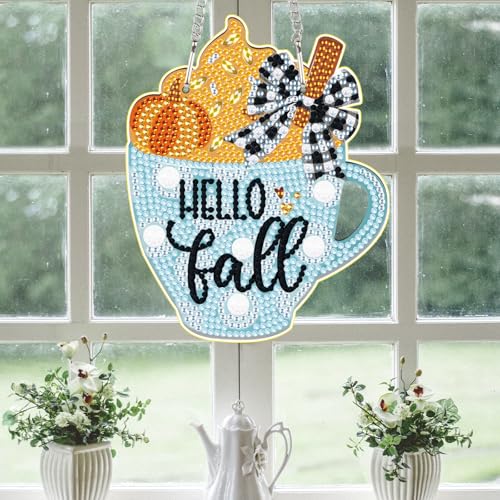 Image of AiYuanzsh Hello Fall Diamond Painting Hanging Kit, 5D DIY Cup Shaped Ornament, Crystal Rhinestone Diamond Art Pendant for Window, Door or Wall Decoration, Thanksgiving Autumn Home Decor Craft Gift