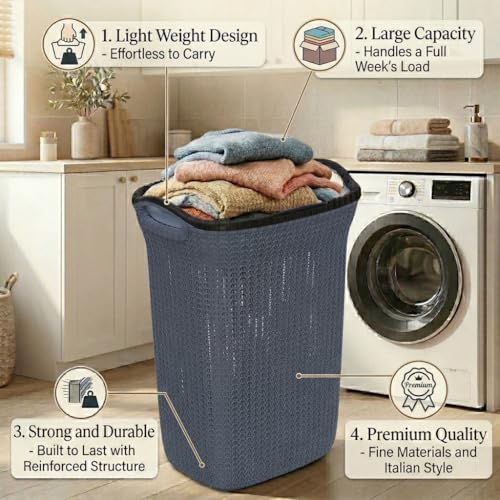 Image of Plastic Laundry Basket with Lid | 60L Extra Large Knit Hamper | Strong & Durable | Ideal for Bathroom, Bedroom & Kids Room | Multipurpose Cloth Storage Organiser | 36 x 46 x 61 cm | Mist Blue