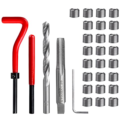 Mesee Kit de Réparation de Fil de M8 en Acier Inox, 30 pièces Outils de Réparation Filetage avec Foret Taraud Clé Inserts Filetés Ensemble d'Outils à...