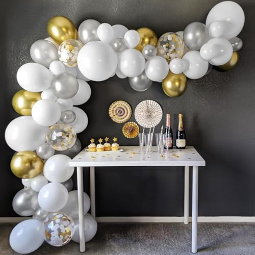 Image of Silver Gold White Chrome and Confetti Balloons Arch Garland Kit - 66 Pcs for Birthday Decoration Anniversary Engagement Wedding Festival Party Decorations | ARV ZONE