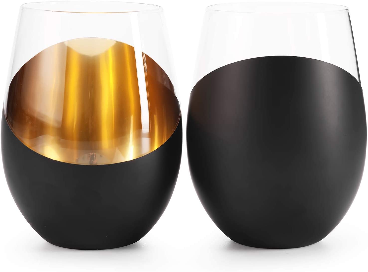 Set di 6 bicchieri da vino senza stelo dal design moderno, nero opaco e oro, 510 g, design inclinato