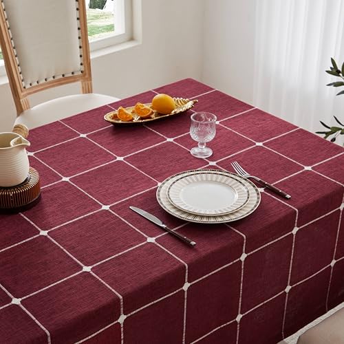 ZeeMart Grid Embroidered Square Hemmed Tablecloths 60x60in, Burgundy by ZeeMart - Used condition - Image 3