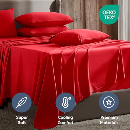 Image of Nestl Extra Deep Full Sheet Set - 6 Piece Breathable & Cooling Sheets - Hotel Luxury Bedding Set w /18-24 Inch Deep Pockets - Easy & Secure Fit - Super Soft, Wrinkle Free & Comfy - Red