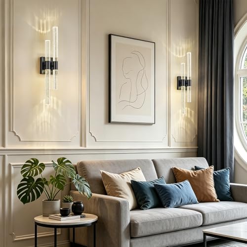 Image of Crystal Wall Sconces Set of Two Black Wall Sconce Hardwired LED Bathroom Vanity Light Fixtures 21.25in 4000K Vertical and Horizontal Wall Mounted Sconces for Bedroom, Living Room, Hallway