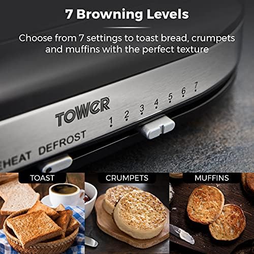 Tower T20043NOR Belle 2-Slice Toaster with 7 Browning Settings, Defrost/Reheat/Cancel, 800 W, Black/Noir