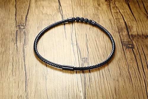 Mealguet Black Braided Leather Chocker Necklace With Healing Lava Rock And Stainless Steel Magnet Closure For Men #TOP2