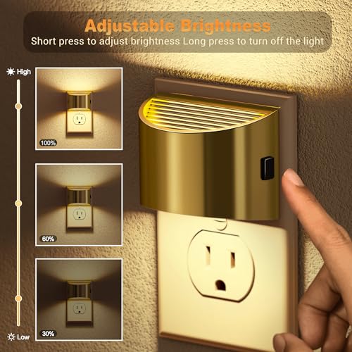 Image of JandCase LED Night Lights Plug into Wall, 2 Pack Gold Modern Night Lights, Dusk to Dawn Sensor Nightlight,0-100LM Brightness Adjustable, 3000K Soft White