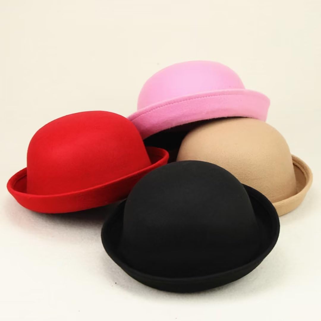 Chapeaux De Derby Ronds pour Enfants, Filles Et Garçons, Chapeau Seau Panama à Bord Retroussé, Feutre De Laine, Chapeaux Melon Ronds élégants, Tour De Tête 54cm