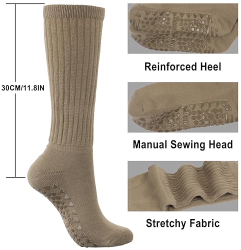 BomKinta Pilates Socks with Grips for Women Yoga Grippy Slouch Scrunch Sock Slipper Socks for Barre Workout Hospital Gifts Size 5-11 3 Pairs Beige Coffee Brown - Thumbnail 3