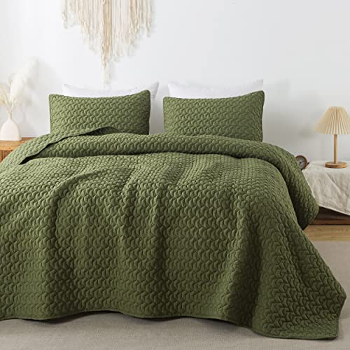 R.share Green Quilt King Size Bedding Sets With Pillow Shams, Olive Lightweight Soft Bedspread Coverlet, Geometric Quilted Blanket Thin Comforter Bed Cover For All Season, 3 Pieces, 104X90 Inches #TOP5
