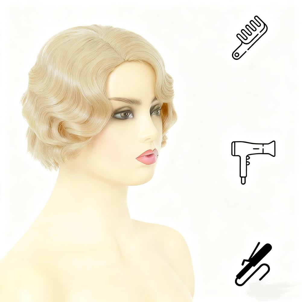 Blonde Short Curly Finger Wave Wig for Women 1920s 30s Synthetic Side Part Cosplay Wig for Vintage Costume Hair Halloween Wigs - Image 4