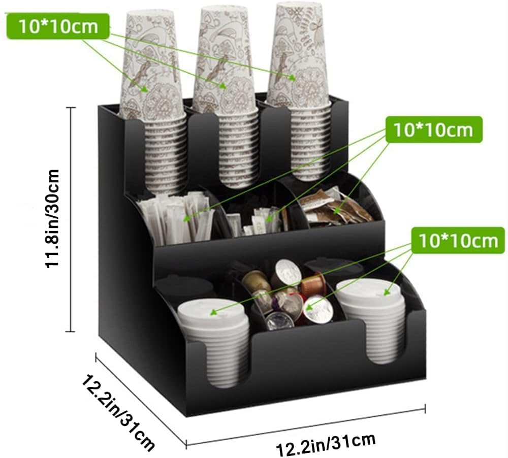 Coffee Bar Organizer Acrylic,9 Compartments Condiment Rack,Disposable Coffee Cup Holder Commercial cup dispenser, for Office Lounge Reception Room