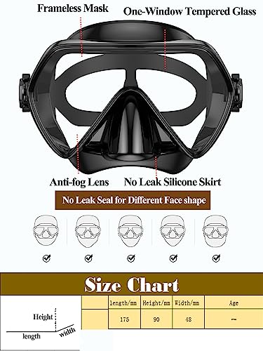 Snorkel Mask Set Snorkeling Gear Dry Snorkel Set and Mask Kids Adults Anti Fog 180 Degree Seaview with Mesh Bag, Scuba Diving Swimming Training Equipment Men Women (Black-Upgrade, Adults) - Thumbnail 3
