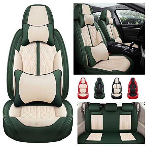 Car Seat Cover Fit for Ford Flex 2009-2019 5 Seats Waterproof Faux Leather Front ＆ Rear Seat Cover Accessories,Automotive Vehicle Auto Interior Covers(Cream Green,Full Set with Pillow)