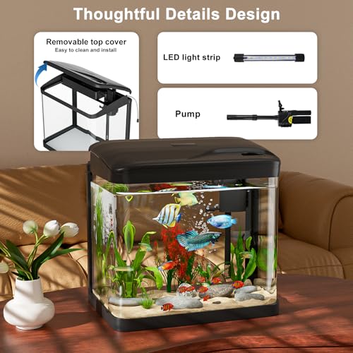 Aquarium Komplettset, GuKKK Nano Aquarium Stabiles Einsteigerbecken mit LED-Beleuchtung und Eingebautem Filtersystem, für Fisch, Aquariu Becken stoßfest,Schwarz (6L)