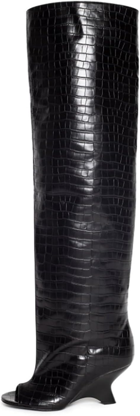 summer black suede Peep toe Knee high boots Round toe slip-on High-heeled Slouchy summer boots wide calf wedge boots