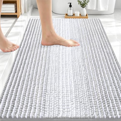 Image of OLANLY Bathroom Rugs 34x21, Soft Chenille Striped Bath Rugs, Light Grey