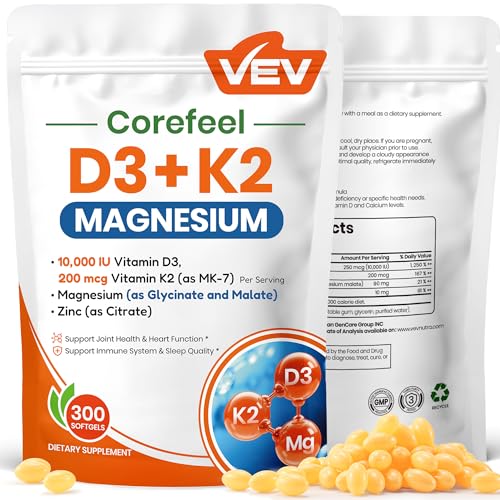 VEV Corefeel Vitamin D3 K2 10,000 IU Magnesium Supplement β with Vitamin D and K (MK-7), Magnesium Glycinate & Malate, Zinc Citrate β 300 Softgels for Energy, Bone & Muscle Support 300 Count