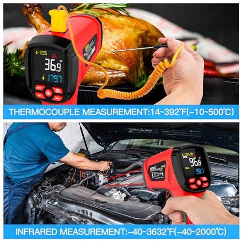 MESTEK Infrared Thermometer Temperature Gun, -40℉~3632℉, Non Contact Digital Laser Thermometer Gun Industrial Pyrometer 50:1 High Temp Thermometer with Color LCD Display, Adjustable Emissivity - Thumbnail 7